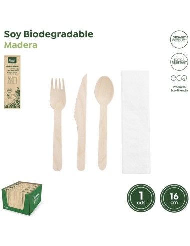 SET BIODEGRADABLE SERV,CUCHARA,CUCHILLO,TENEDOR MADERA 16 CM