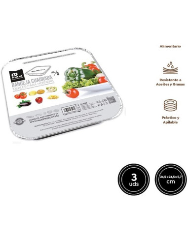 ENVASE ALUMINIO CON TAPA CUADRADA 24,5X24,5X7 CM 3 UND