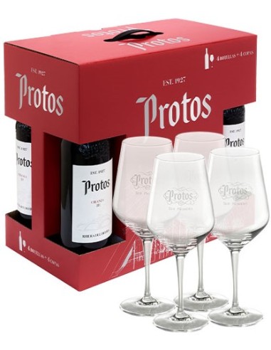 ESTUCHE VINO TINTO PROTOS CRIANZA 4 BOTELLAS+4 COPAS