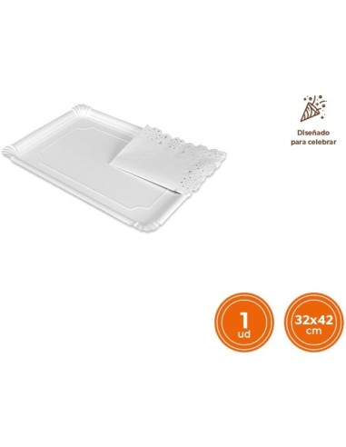 BANDEJA CARTON RECTANGULAR BLONDA BLANCA 34X42 CM 1 UND