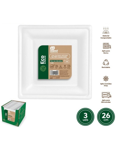 PLATO LLANO CUADRADO CAÑA DE AZUCAR 26X26 PACK-3 UND